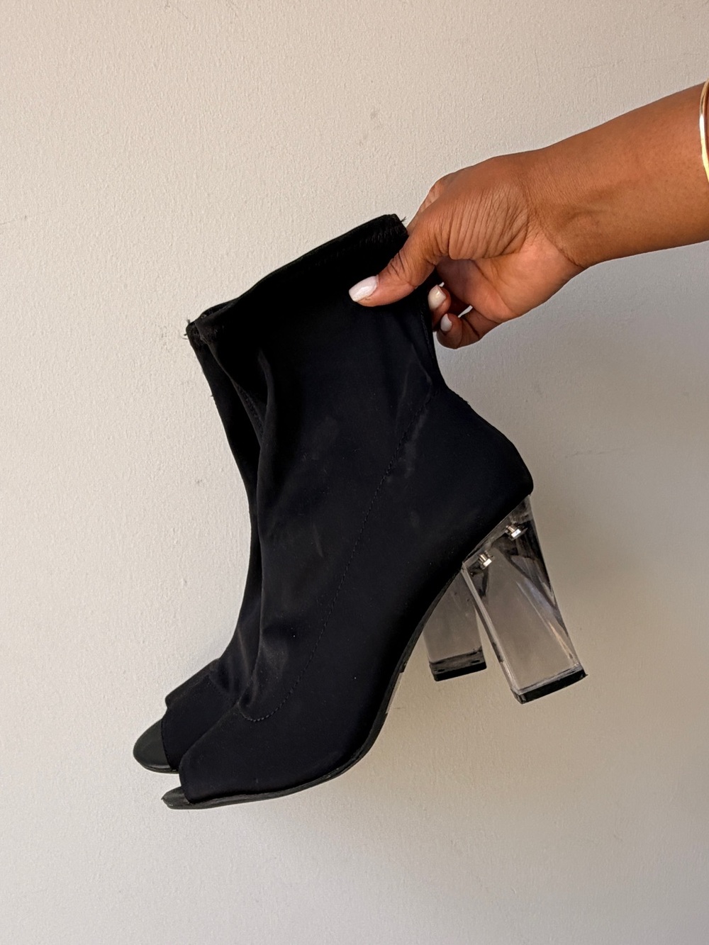 Black Peep-Toe Sock Boot with Clear Block Heel